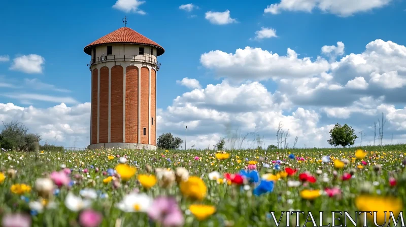 Brick Tower and Wildflower Field AI Image