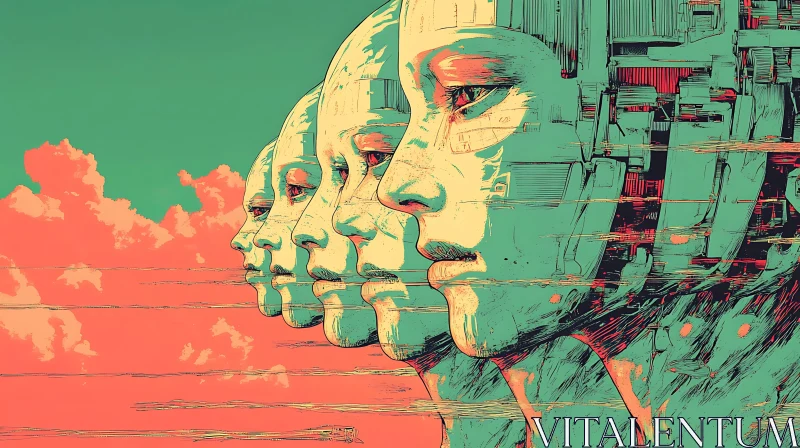 Multiple Cyborg Faces in Surreal Setting AI Image