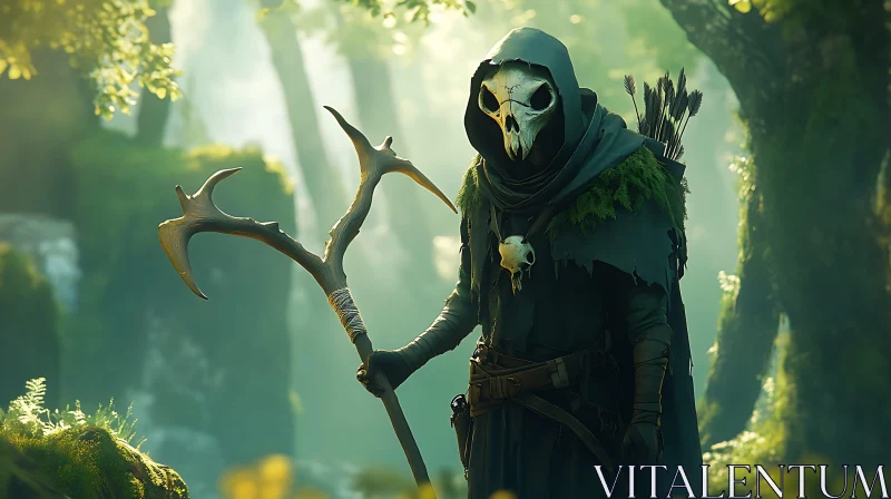 AI ART Hooded Figure in Forest with Bird Skull