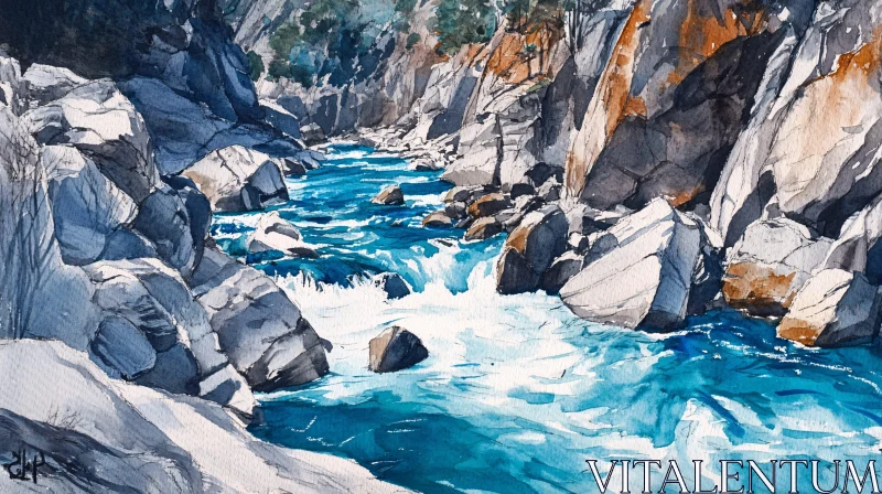 AI ART Flowing River Watercolor Art with Rocky Landscape