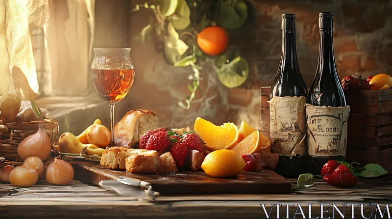 Still Life with Wine, Bread, and Fresh Fruits AI Image