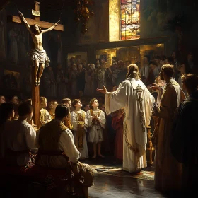 Church Congregation and Crucifix Artwork