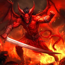 Red Demon with Sword in Fire