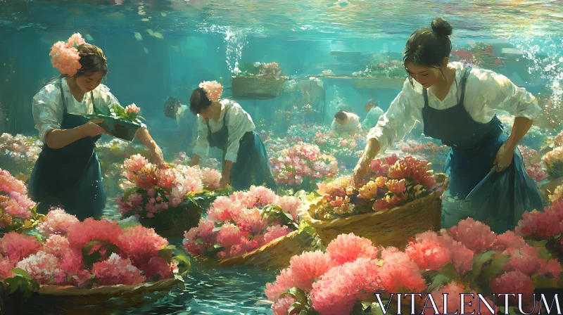 Submerged Floral Arrangement with Attendants AI Image