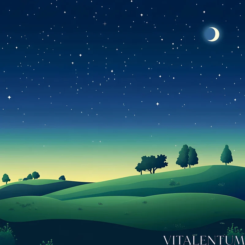 Starry Night Landscape with Green Hills AI Image