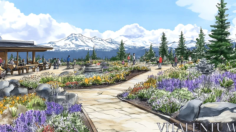 Scenic Mountain Vista with Flower Garden AI Image