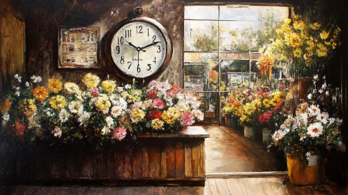 Floral Still Life with Clock