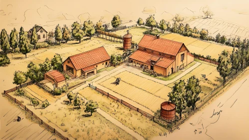 Rustic Farm Scene Hand-Drawn Artwork