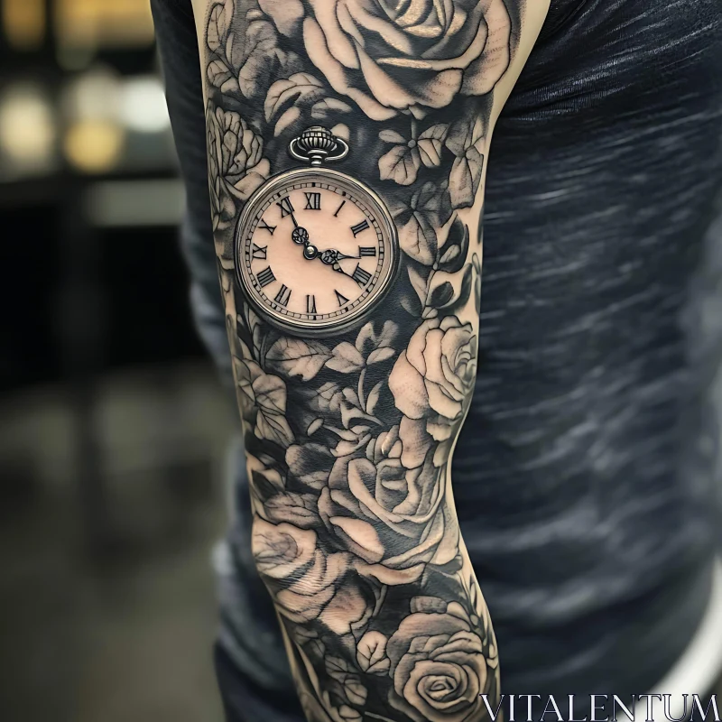 Detailed Tattoo Sleeve with Roses and Pocket Watch AI Image