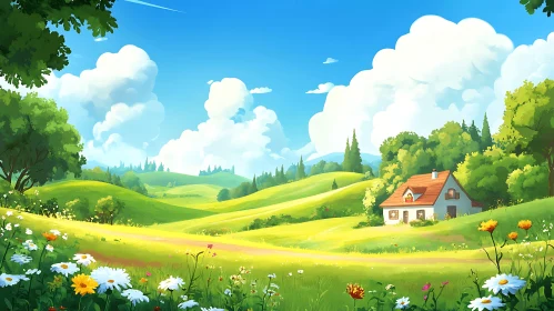 Picturesque Landscape with Cottage and Flowers