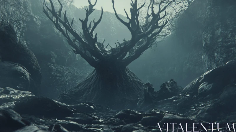 Dark Forest Scene with Ancient Tree AI Image