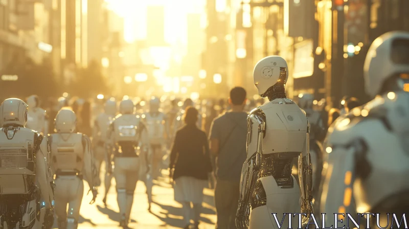 AI ART Futuristic Cityscape with Humanoid Robots