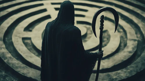 Hooded Figure with Scythe in Maze