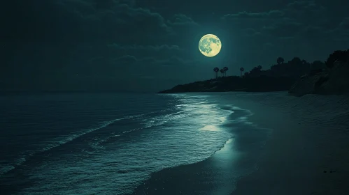 Moonlit Beach with Silvery Waves