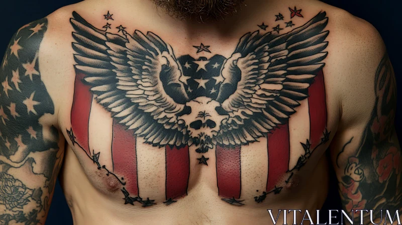 Patriotic Chest Tattoo with Eagle and Skull AI Image