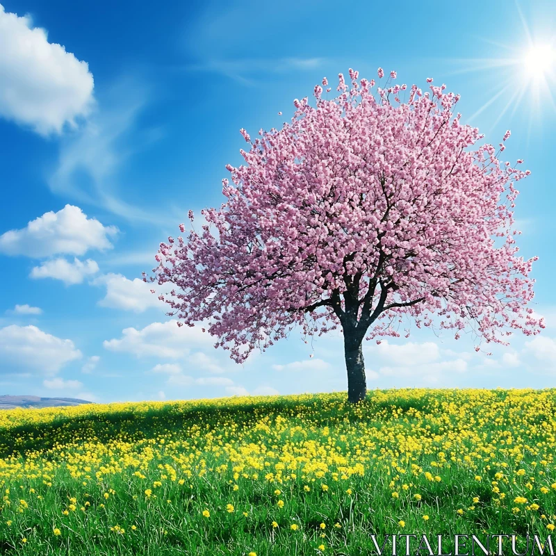 Pink Blossoms and Yellow Flowers Landscape AI Image