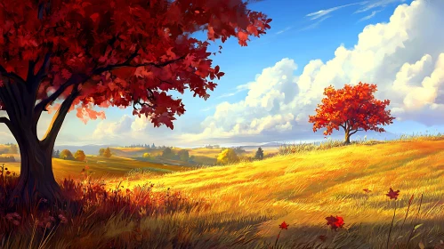 Golden Field and Red Trees Scenery