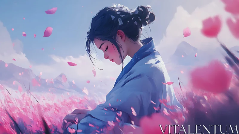 Serene Anime Portrait with Falling Petals AI Image