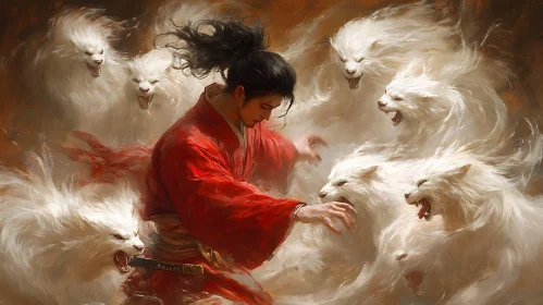 Man in Red with Ghostly Wolves