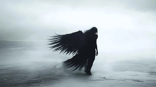 Winged Figure in Monochrome Mist