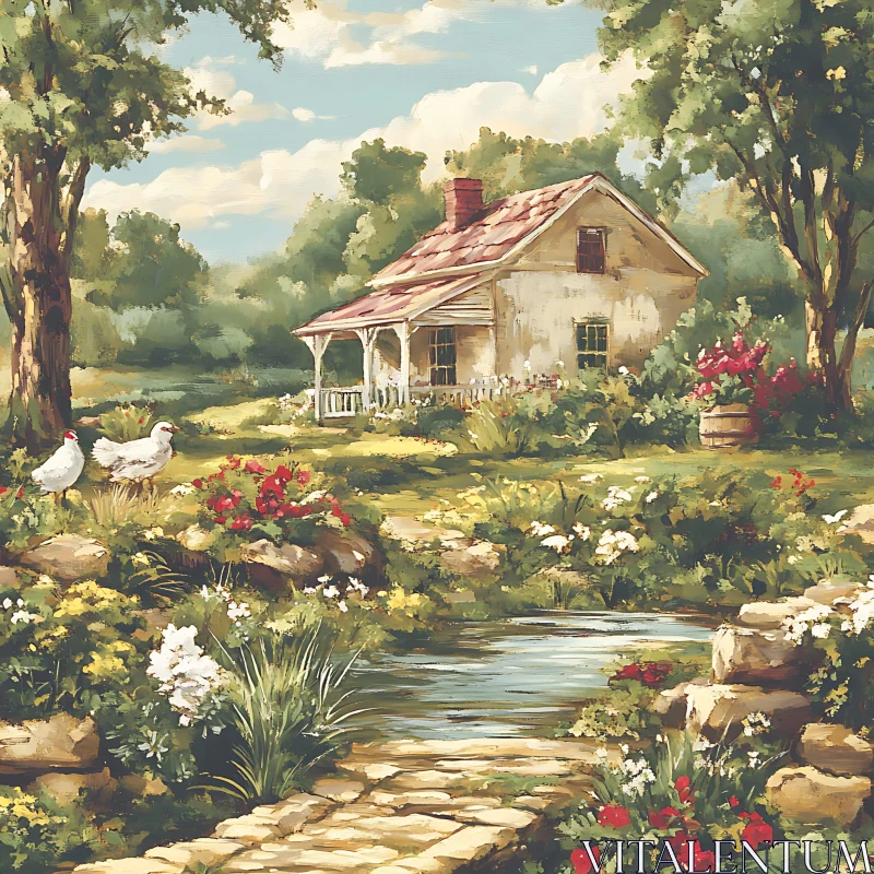 Idyllic Country Home with Chickens AI Image