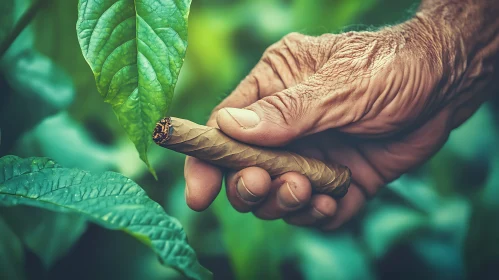 Aged Hand Holding Cigar with Green Leaves