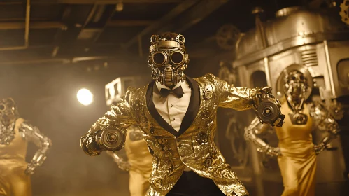 Golden Steampunk Cyborg with Masked Companions