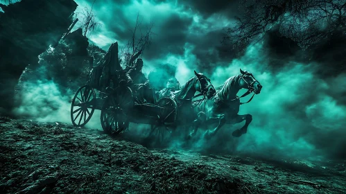 Teal Fantasy: Horse Carriage in Hazy Landscape