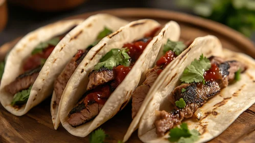 Grilled Beef Tacos on Wooden Platter