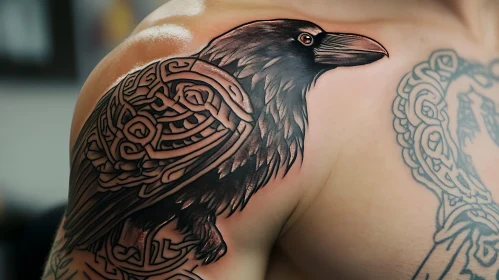 Detailed Raven Tattoo Art on Shoulder