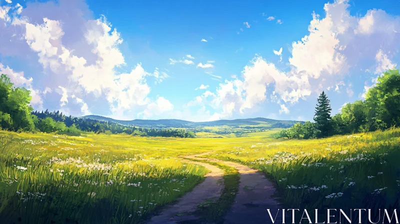 AI ART Tranquil Meadow Path Under Blue Sky