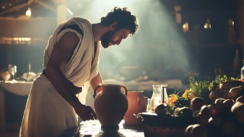 Man in Robe Preparing Food