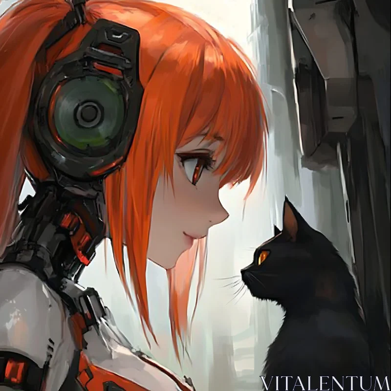 Anime Woman and Robotic Headgear with Black Cat AI Image