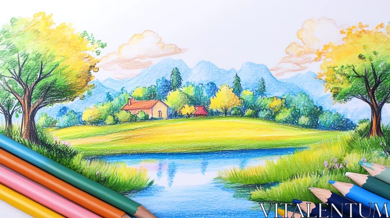 AI ART Pastoral Scene in Colored Pencils