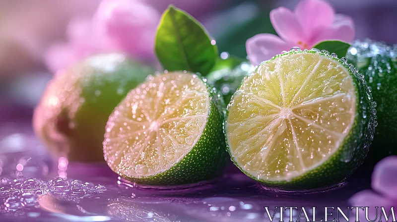 Lush Limes with Dew on a Reflective Surface AI Image