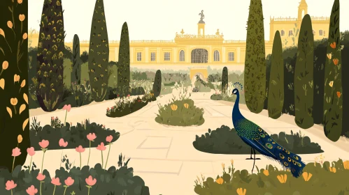 Elegant Peacock Amidst Garden Architecture