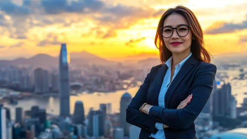Confident Woman Overlooking City at Sunset