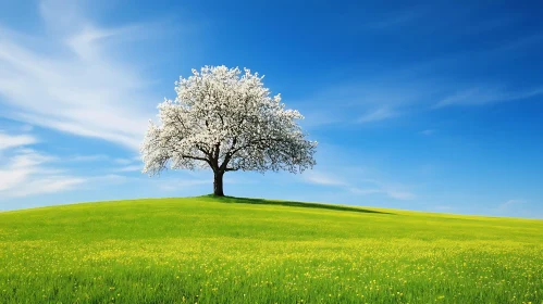 Lone Blossom Tree in Spring Field