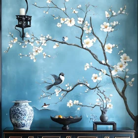 Birds and Blossoms on Blue Canvas