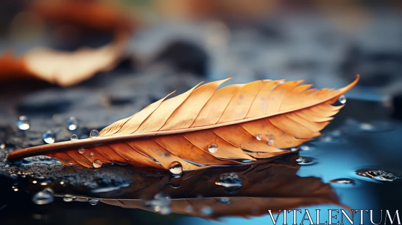 Autumn Serenity: Orange Leaf with Water Droplets on Stone AI Image