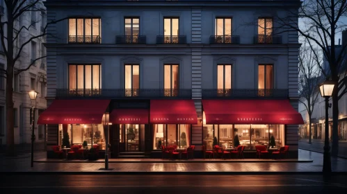 Captivating Parisian Restaurant with Vibrant Red Awnings | Hyper-detailed Renderings
