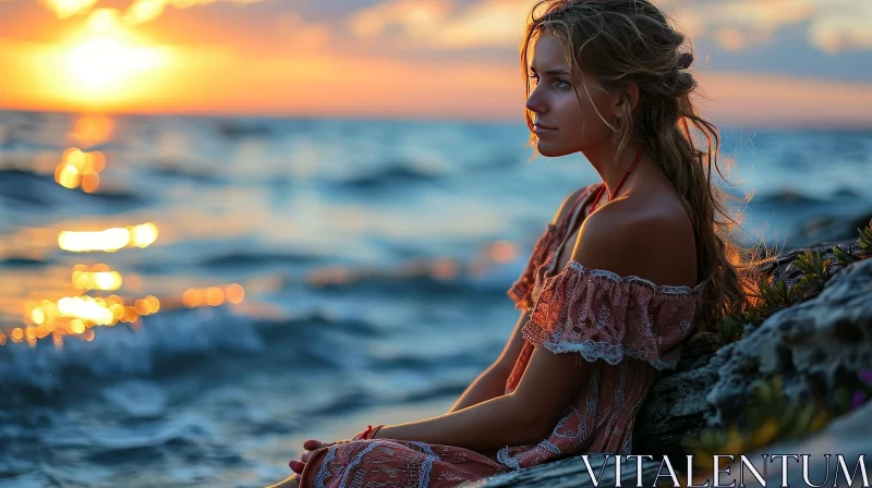 Captivating Sunset: A Woman's Contemplation by the Sea AI Image