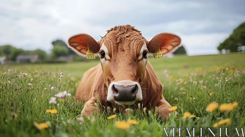 Peaceful Cow Portrait in Field AI Image