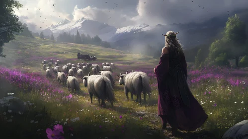 Pastoral Scene with Elf and Sheep