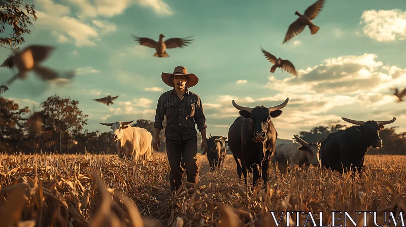 Pastoral Harmony with Cattle and Birds AI Image