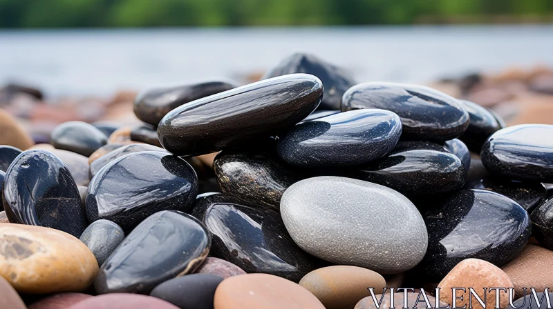 Serene Pebble Composition by Lake - A Study in Restored Nature AI Image