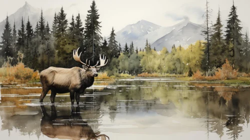 Watercolor Illustration of Elk in Natural Habitat