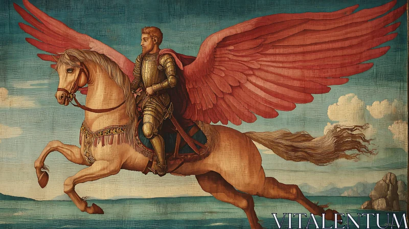 AI ART Equestrian Knight with Wings Over the Sea