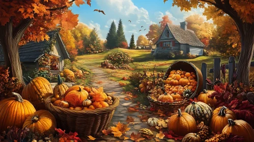 Baskets of Pumpkins in an Autumn Landscape