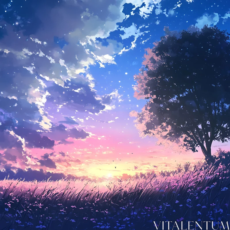 AI ART Serene Sunset Landscape with Tree